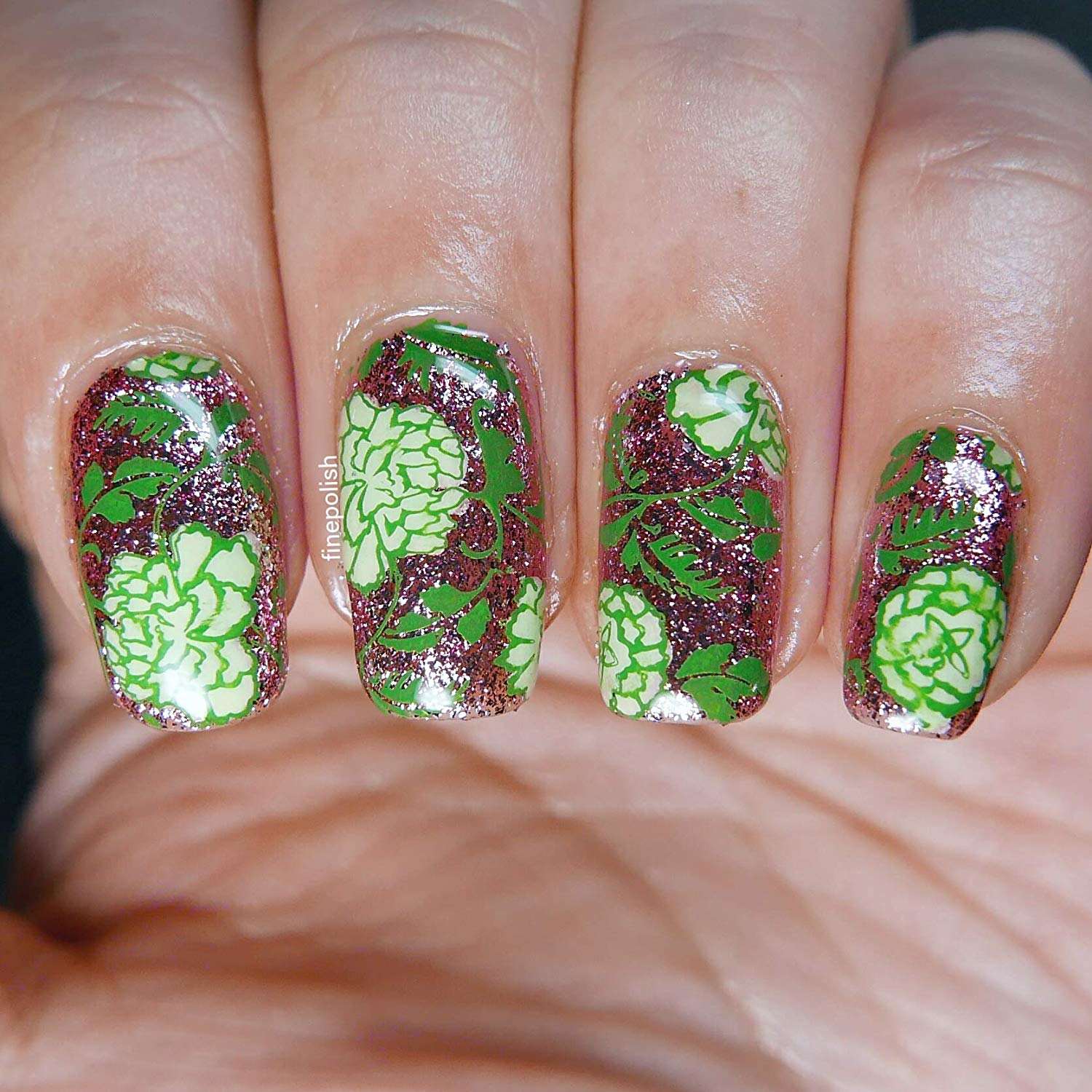 pink chrome nails with glitter