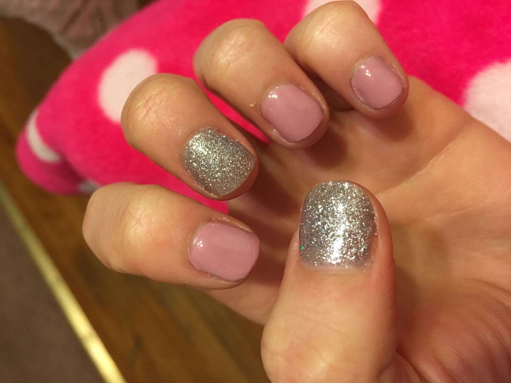 nude silver glitter nail design