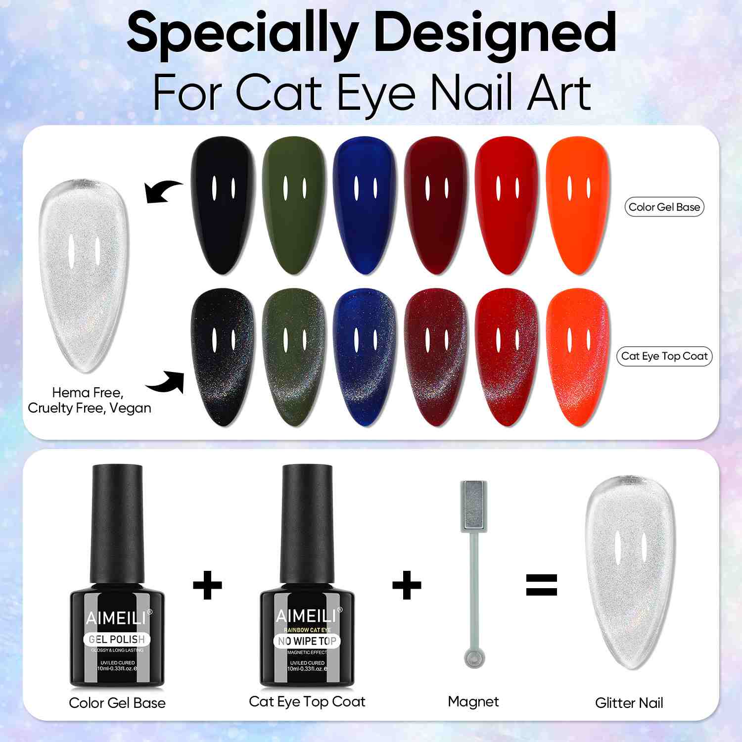 AIMEILI Magnetic Cat Eye Top Coat 2 in 1, Rainbow No Wipe Gel – CHMYT
