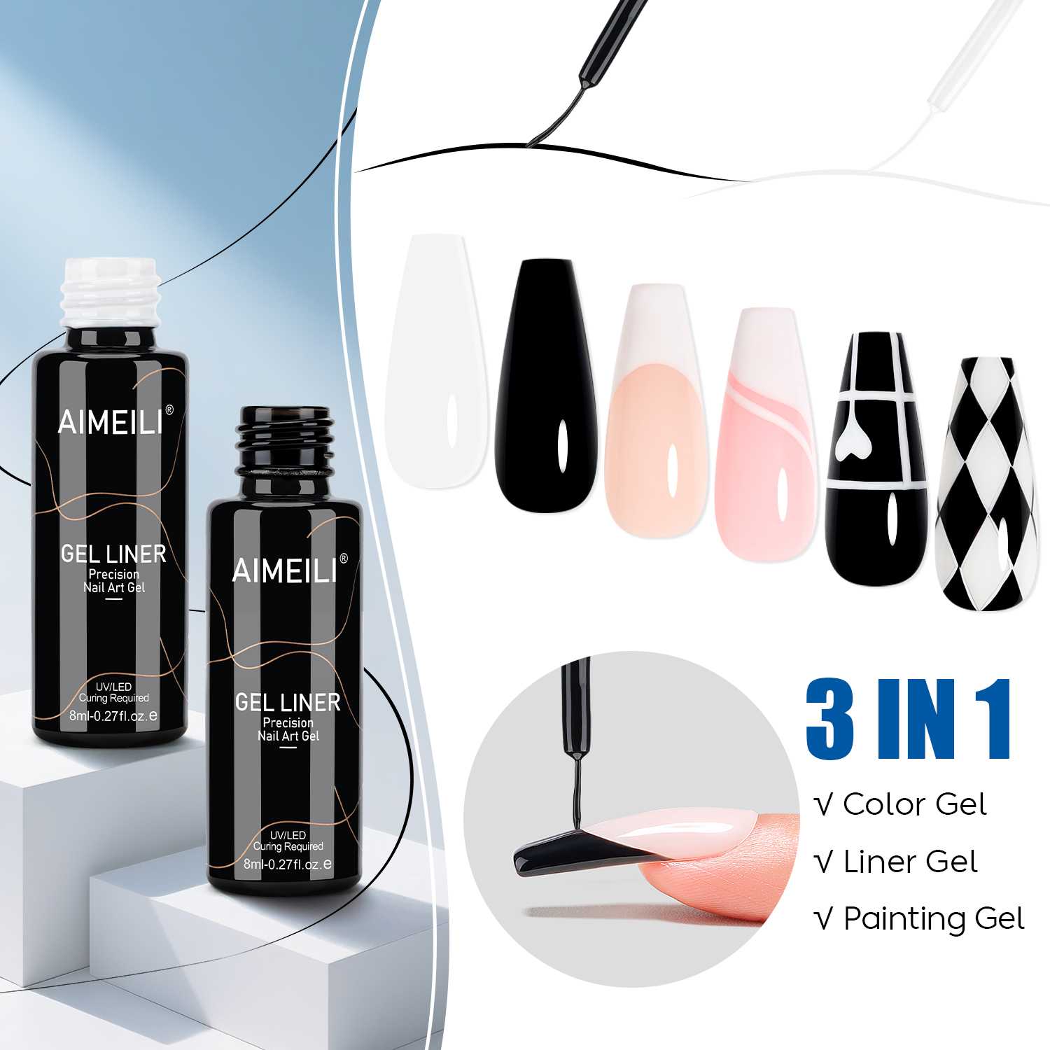 AIMEILI Black & White Nail Art Liner Gel Set