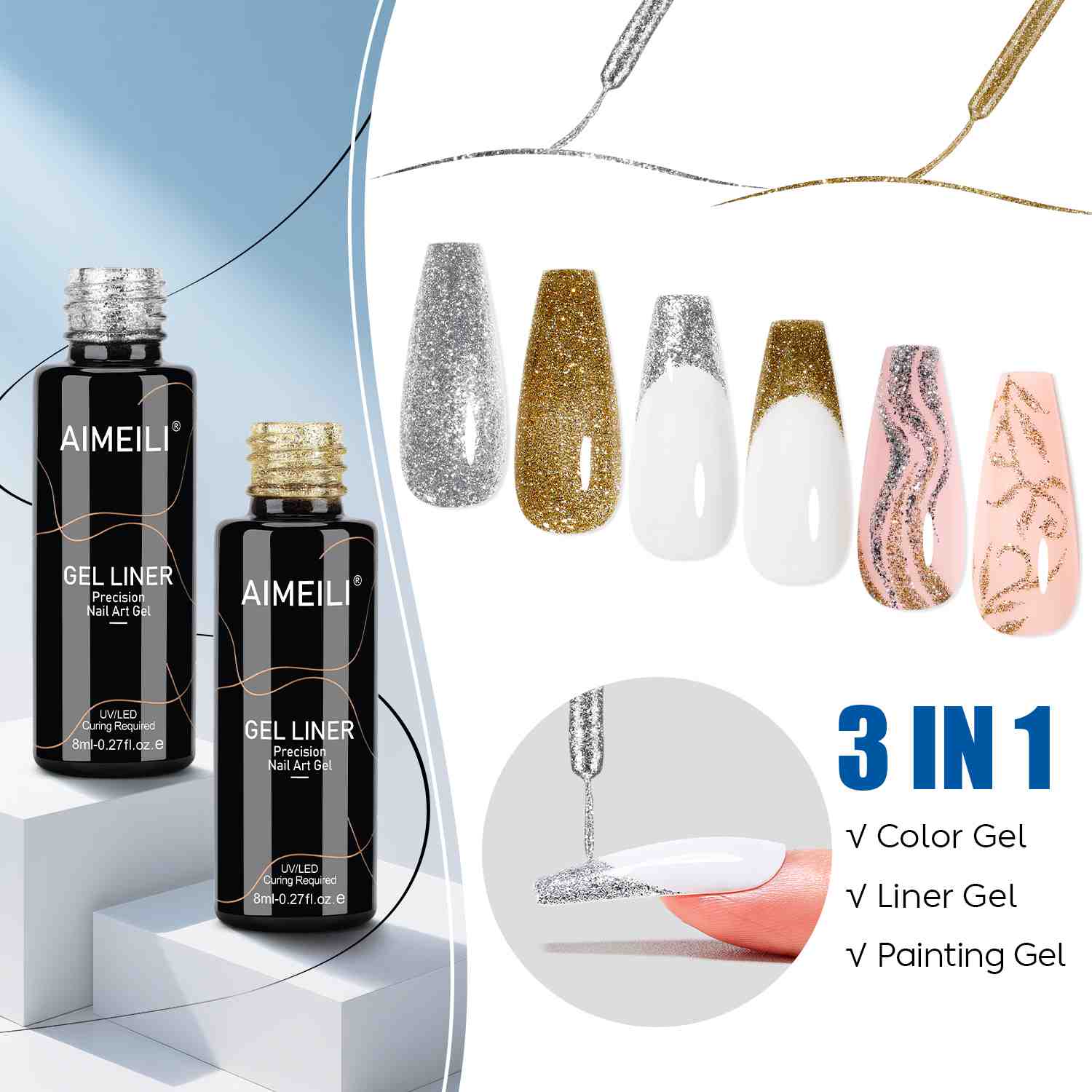 AIMEILI Gold & Silver Nail Art Liner Gel Set