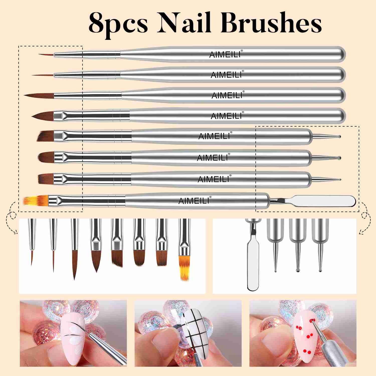 AIMEILI 8-Piece Nail Art Brushes Set NBRB3 for Gel Polish