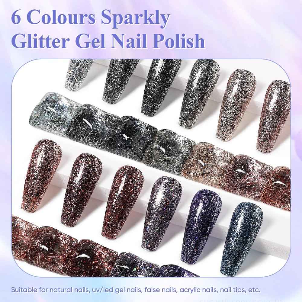 6 colours parkly glitter gel nail polish