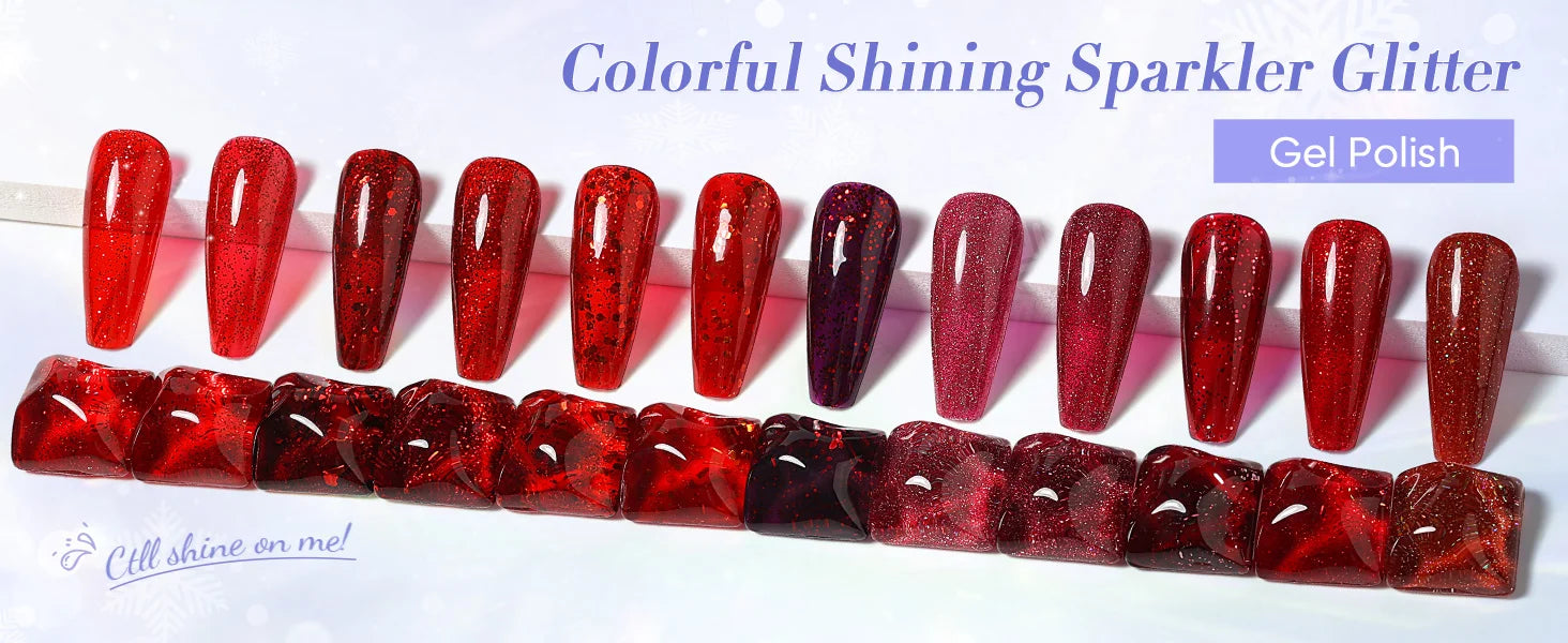 colorful shining sparkly red gel polish