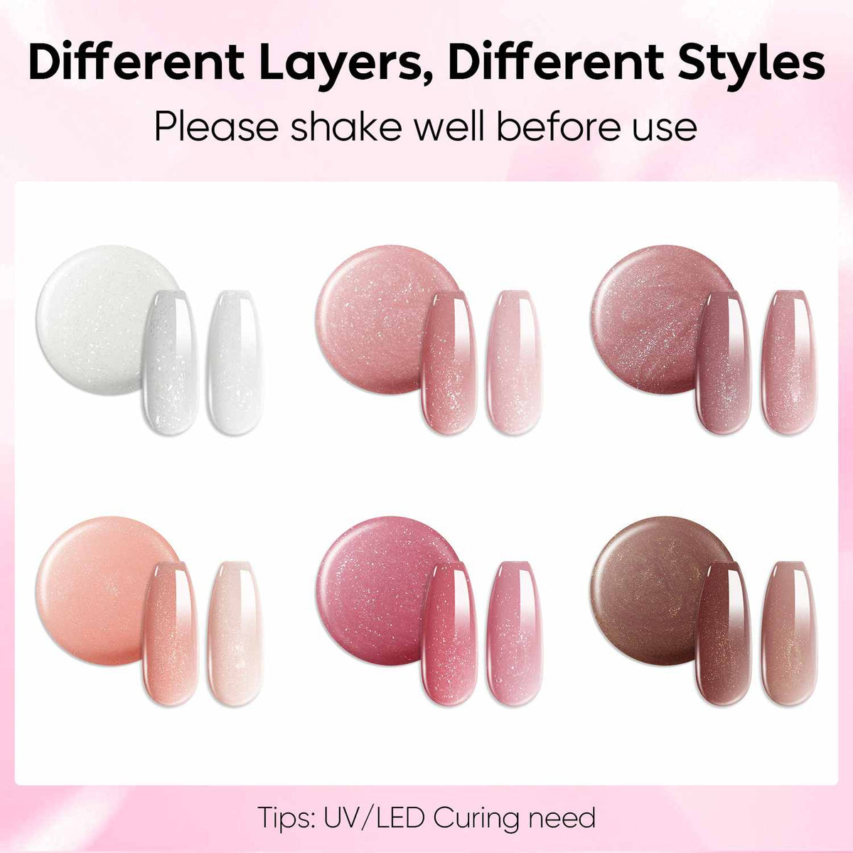 AIMEILI Glitter Rubber Base Gel 135– 6 Pink & Bronze Shades, 5ml Each