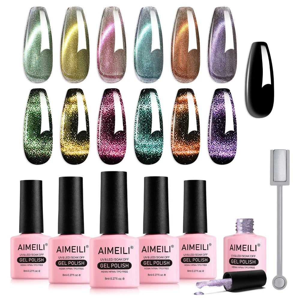 AIMEILI Cat Eye Gel Nail Polish – 6 Colors, 10ml | Dark Magnetic Shades | SET6-48