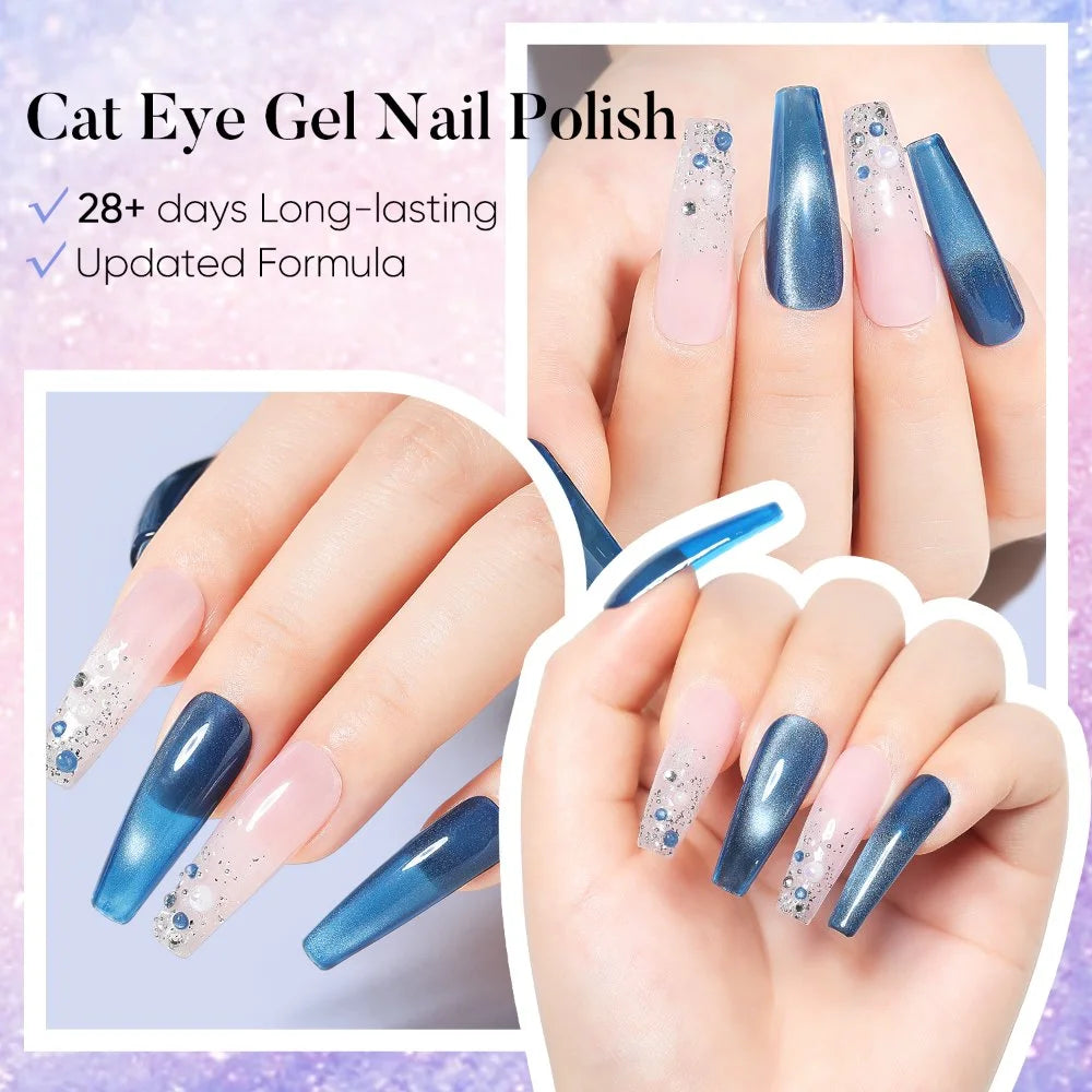 Blue cat eye gel nail arts