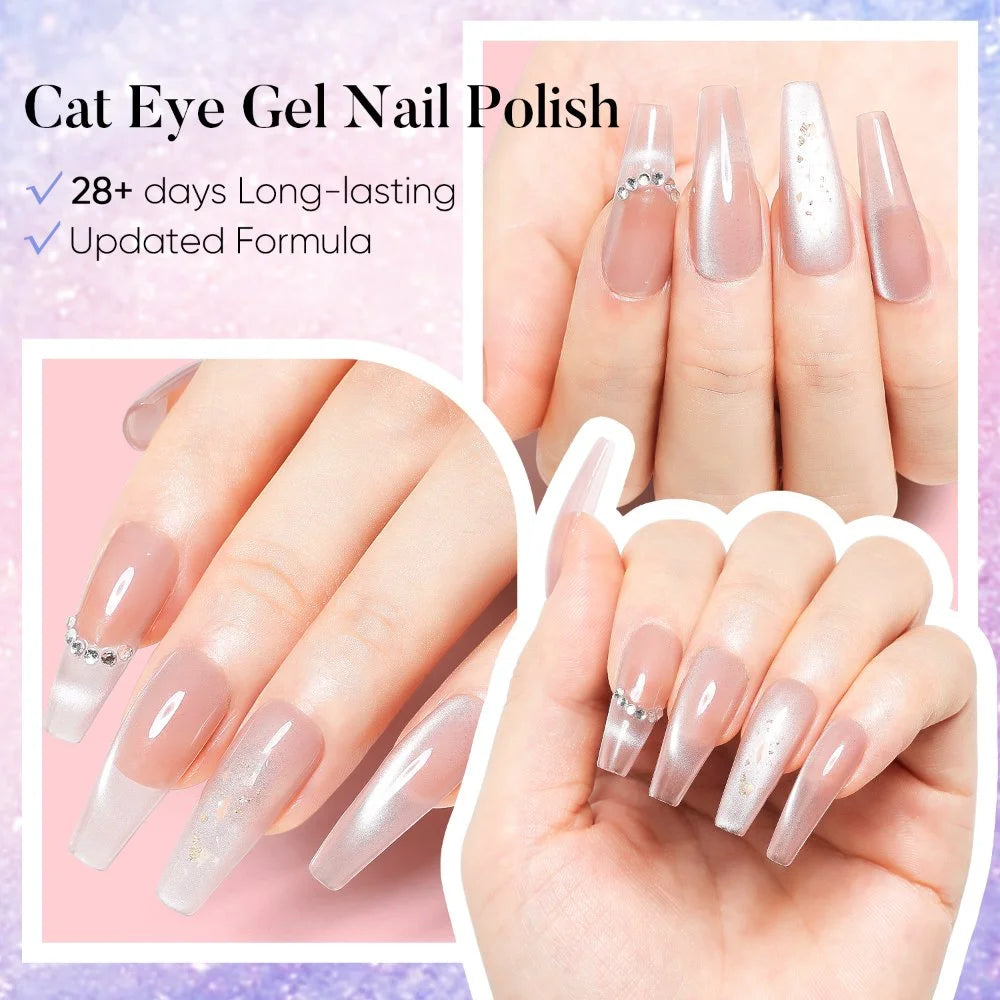 Nude pink cat eye gel nail design