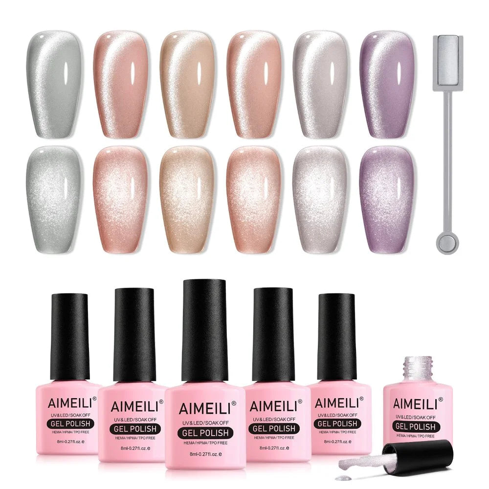 AIMEILI Cat Eye Gel Nail Polish-6 Colors, 8ml |Light Nude Pastel Magnetic | SET6-62_8ml
