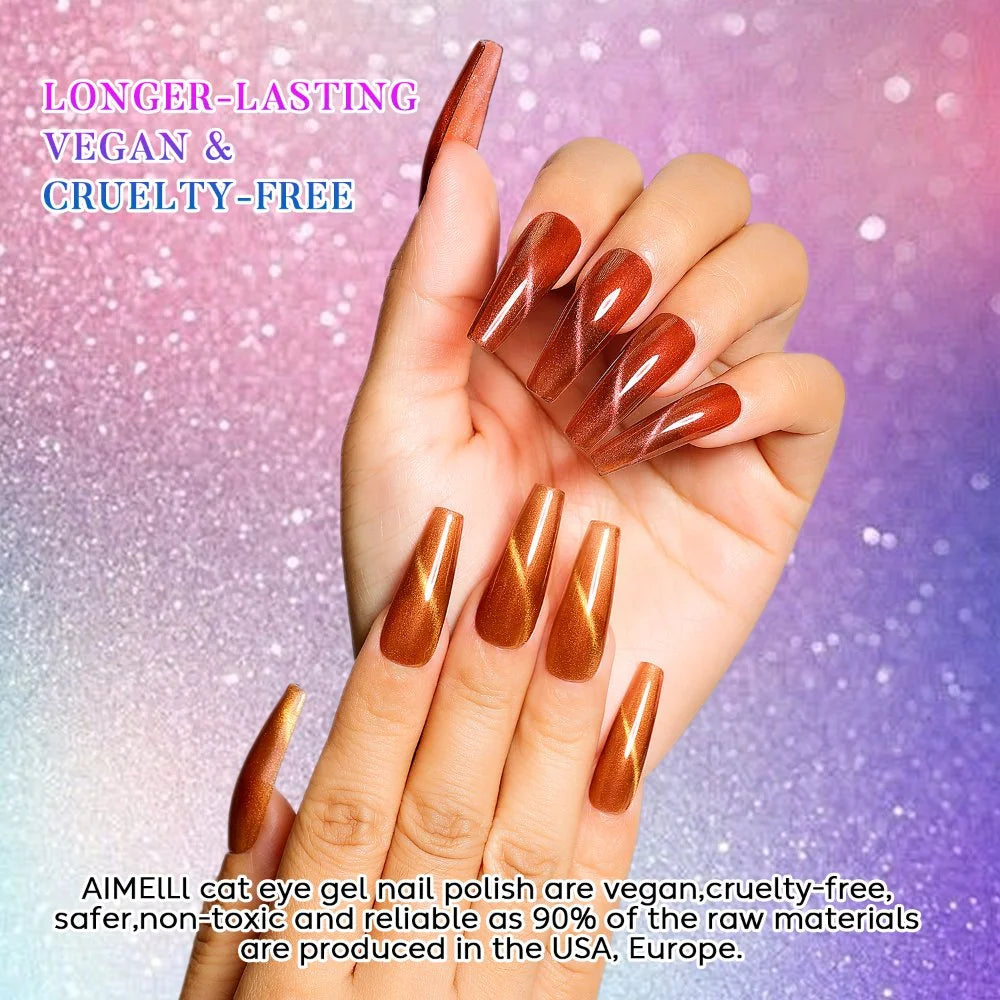 AIMEILI Cat Eye Gel Nail Polish –6 Colors, 10ml | Brown Gold Magnetic Colors | SET6-68
