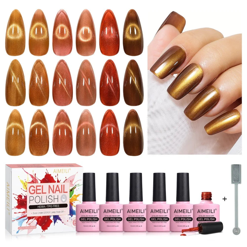 AIMEILI Cat Eye Gel Nail Polish –6 Colors, 10ml | Brown Gold Magnetic Colors | SET6-68