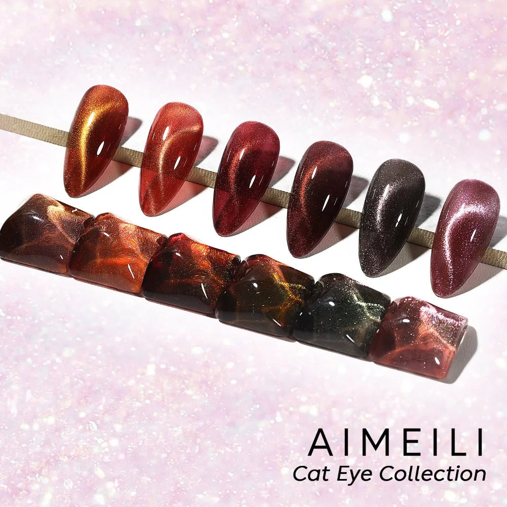 AIMEILI Cat Eye Gel Nail Polish – 6 Colors,10ml| Deep Red Brown Magnetic | SET6-69