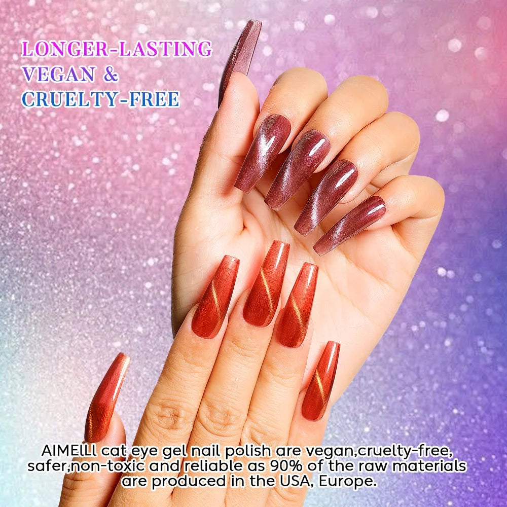 AIMEILI Cat Eye Gel Nail Polish – 6 Colors,10ml| Deep Red Brown Magnetic | SET6-69