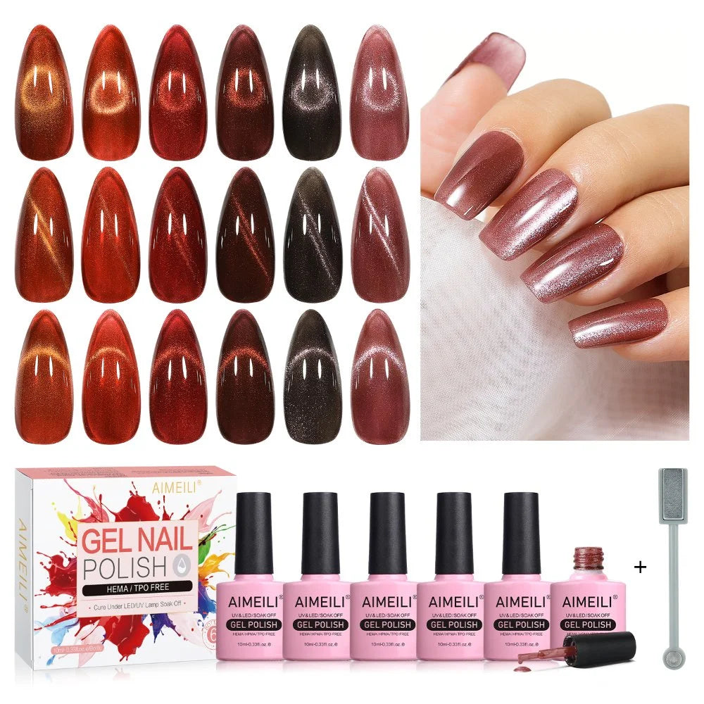 AIMEILI Cat Eye Gel Nail Polish – 6 Colors,10ml| Deep Red Brown Magnetic | SET6-69