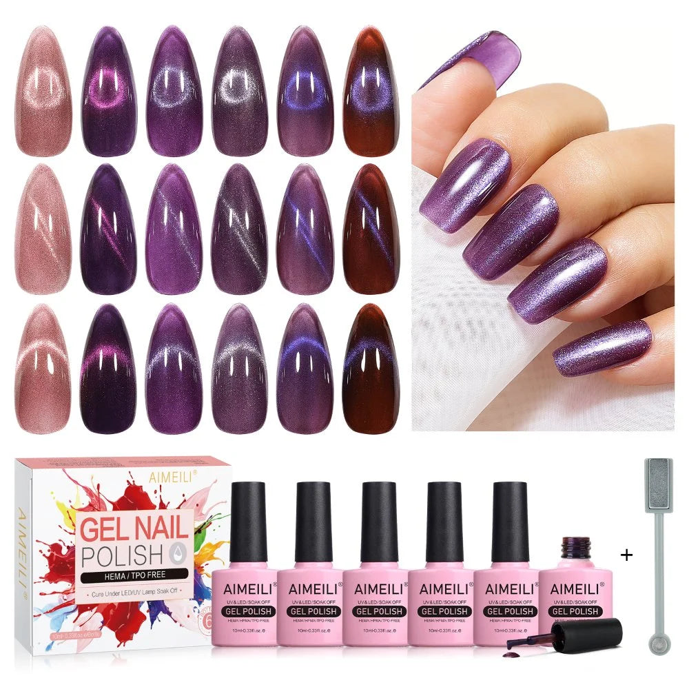 AIMEILI Cat Eye Gel Nail Polish –6 Colors, 10ml| Purple Plum Magnetic | SET6-70