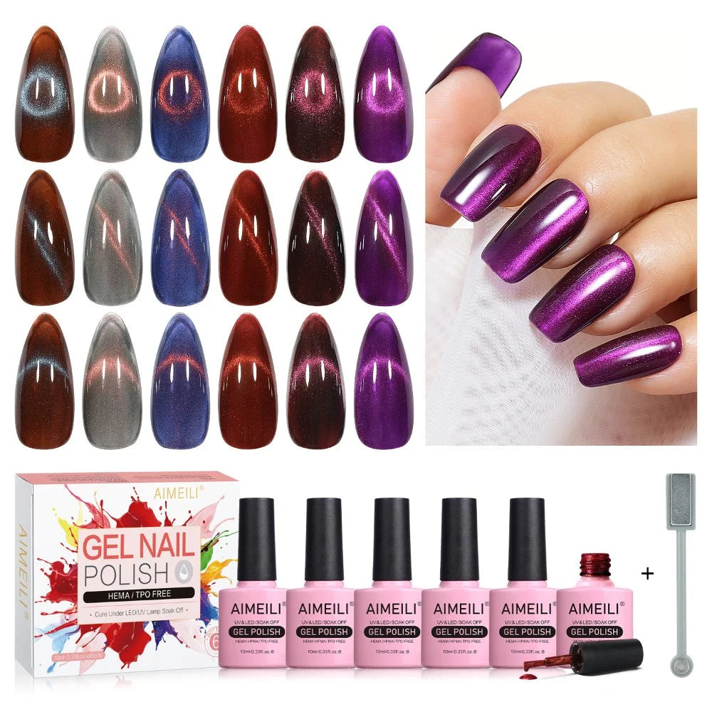 AIMEILI Cat Eye Gel Nail Polish –6 Colors, 10ml | Jewel Tone Magnetic| SET6-71