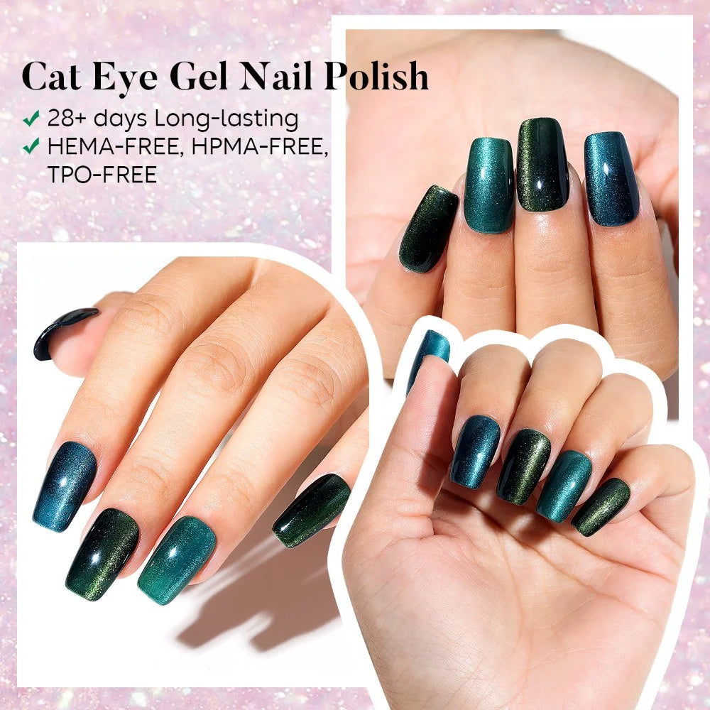 green cat eye gel nail design