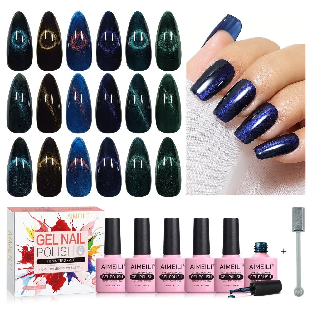 Deep blue and green cat eye gel polish set