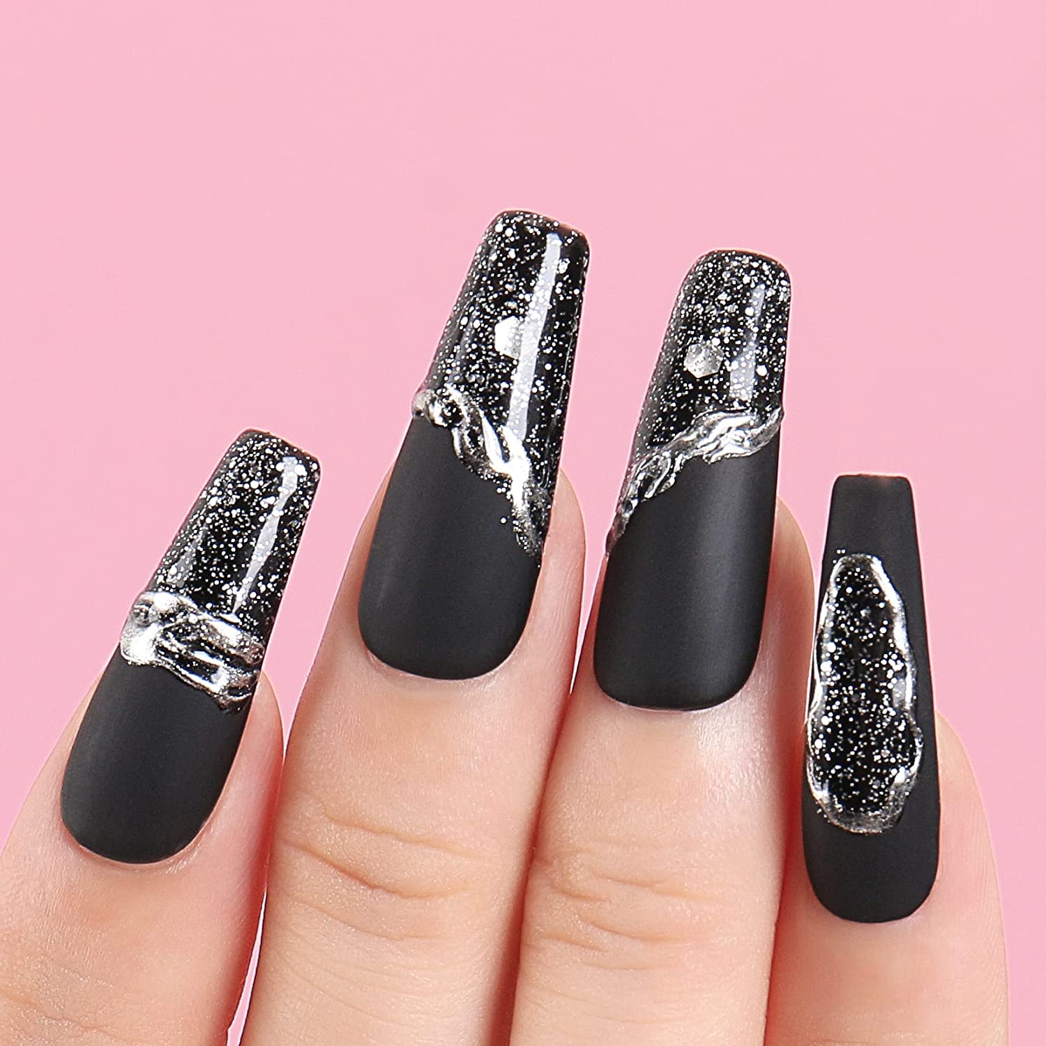matte black nails with design