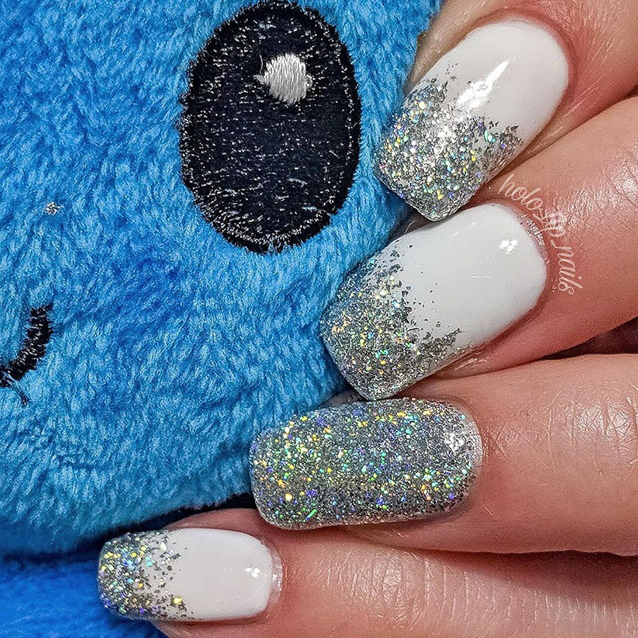 white nails with glitter