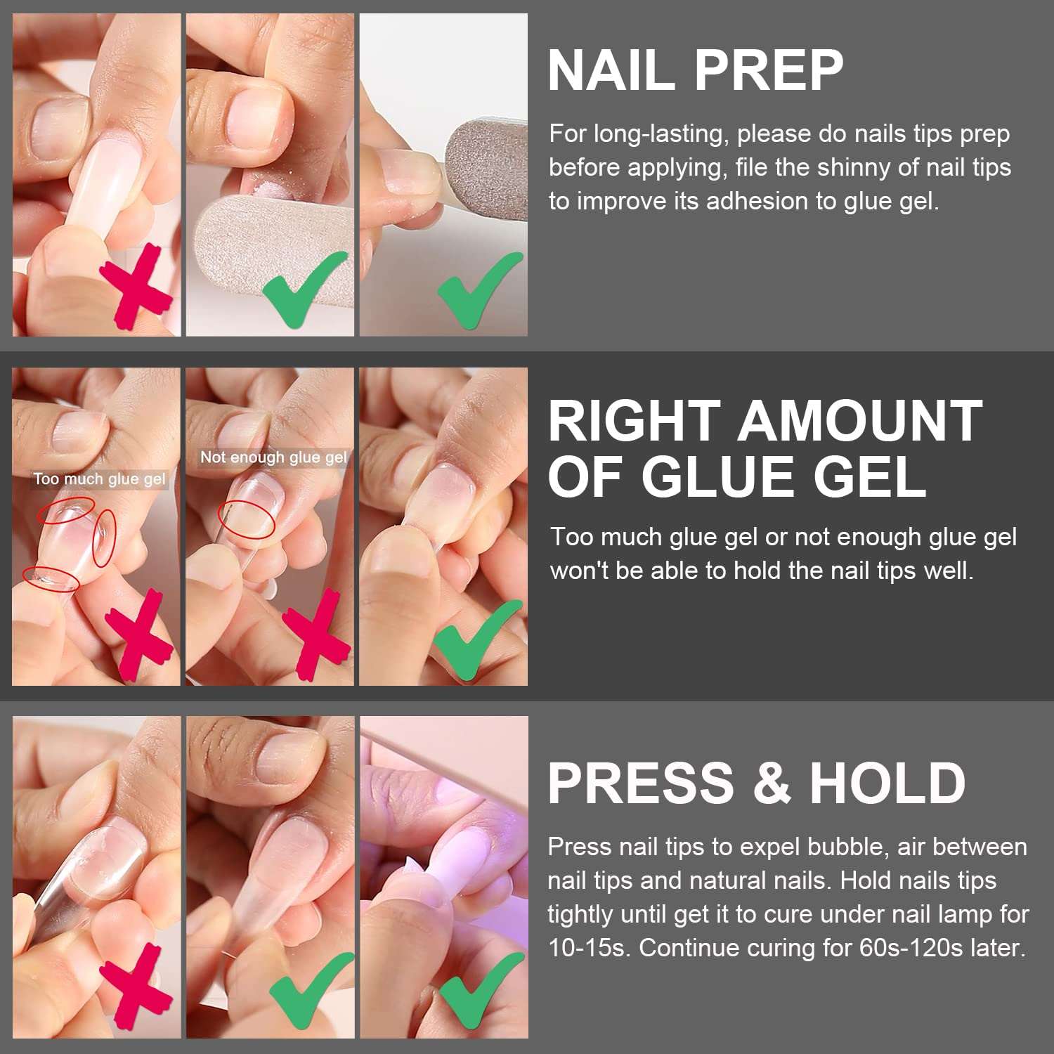 Pegamento para uñas, 6 en 1, pegamento de uñas de gel súper fuerte,  pegamento de uñas UV para puntas de uñas con capa superior de gel