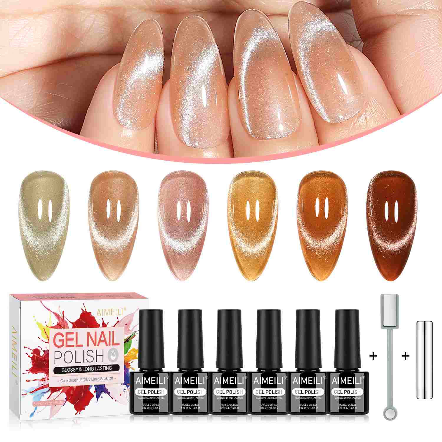 AIMEILI Cat Eye Gel Polish Set – 6 Gold Colors 117
