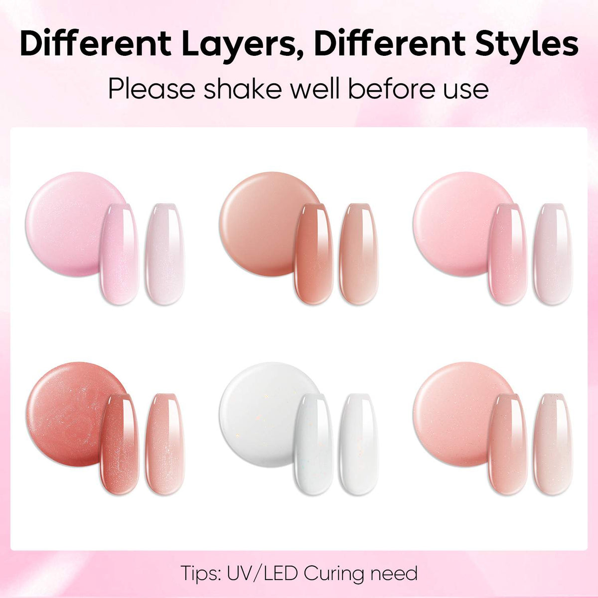 AIMEILI Glitter Rubber Base Gel – 6 Pink &amp; Peach Shades, 5ml Each