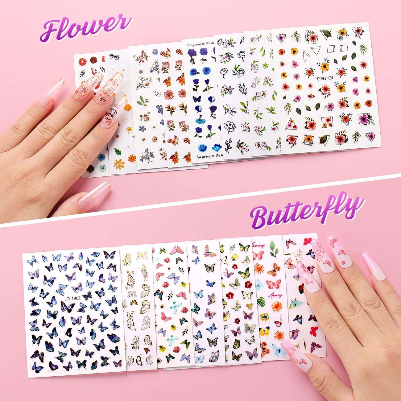 Nail Art Water Transfer Stickers - Flower & Butterfly Decals - Multi-Color Shiny - 1 Sheet