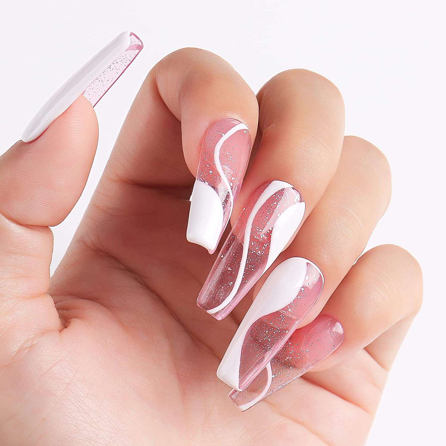 קנו אמנות ציפורניים | Pink Ombre Fake Nails Coffin Shape Medium Size Ladies  Fingernails Natural French Faux Ongles 24 ct