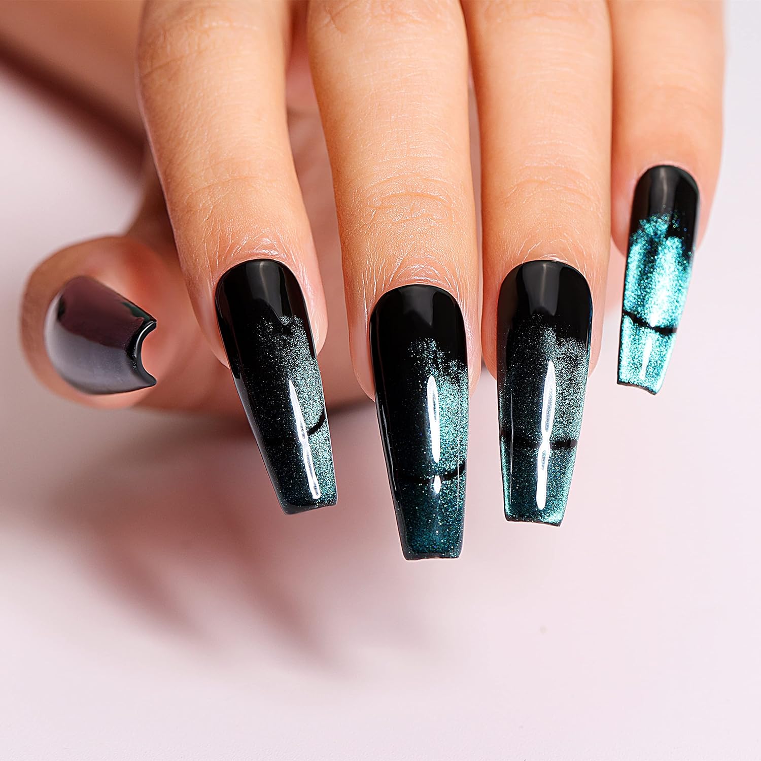black and blue green cat eye nails