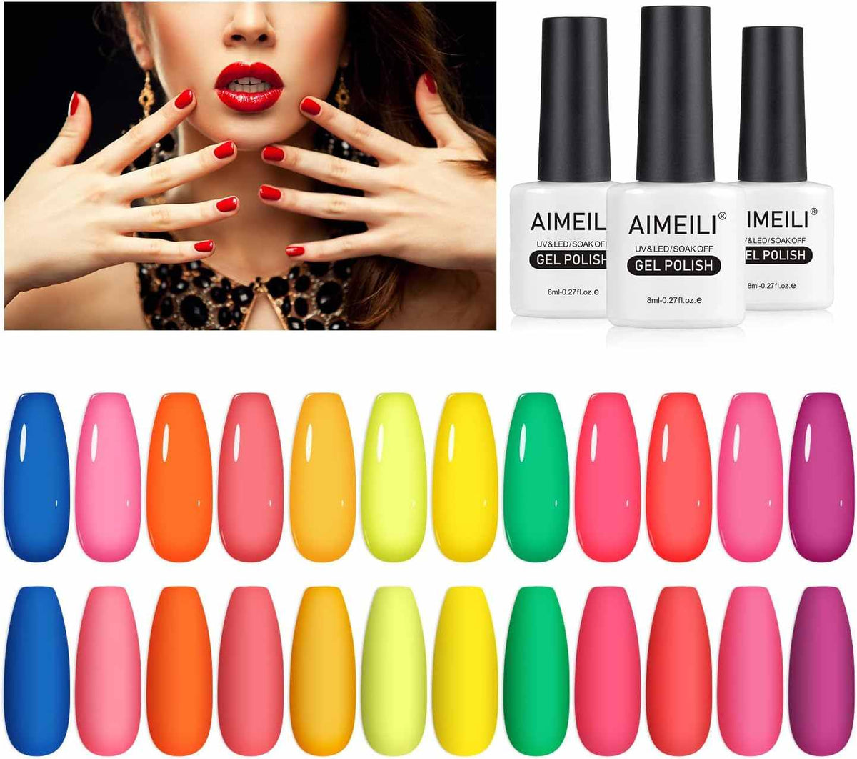AIMEILI Gel Nail Polish Set – 12 Colours, 8ml | Summer Neon – Festival Nails | Set12-24_8ml