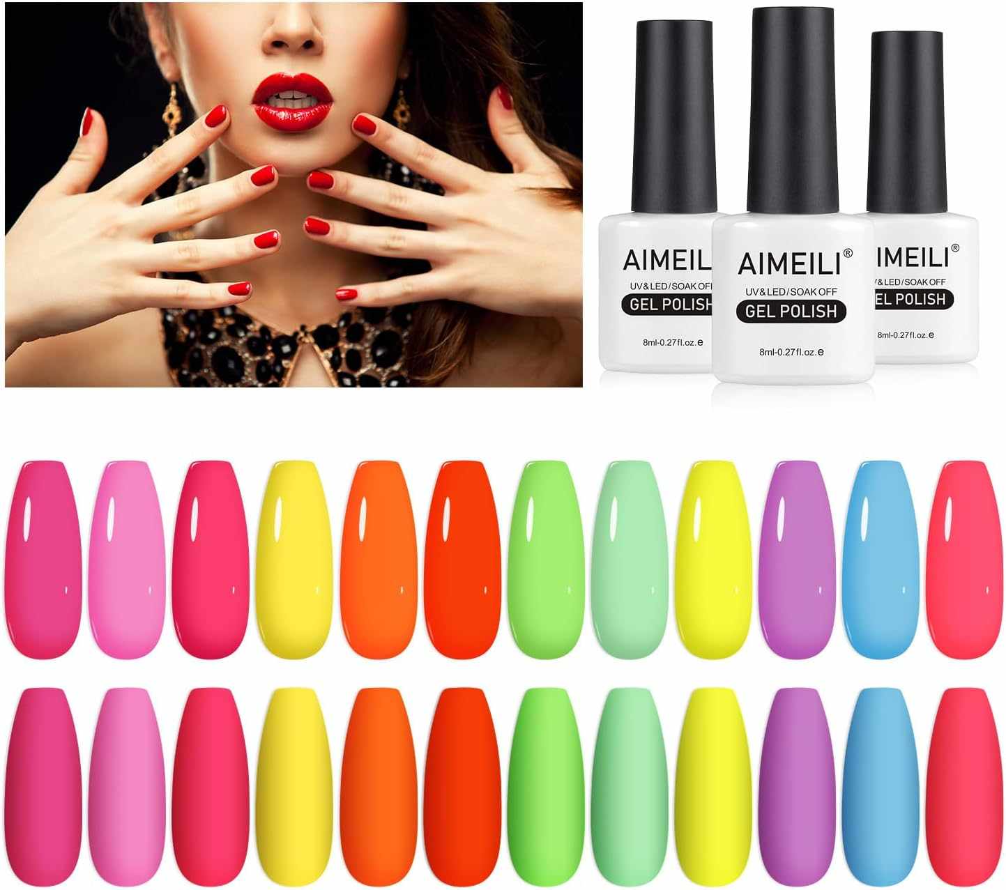 AIMEILI Gel Nail Polish Set – 12 Colours, 8ml | Spring &amp; Summer Neon | Set12-25_8ml