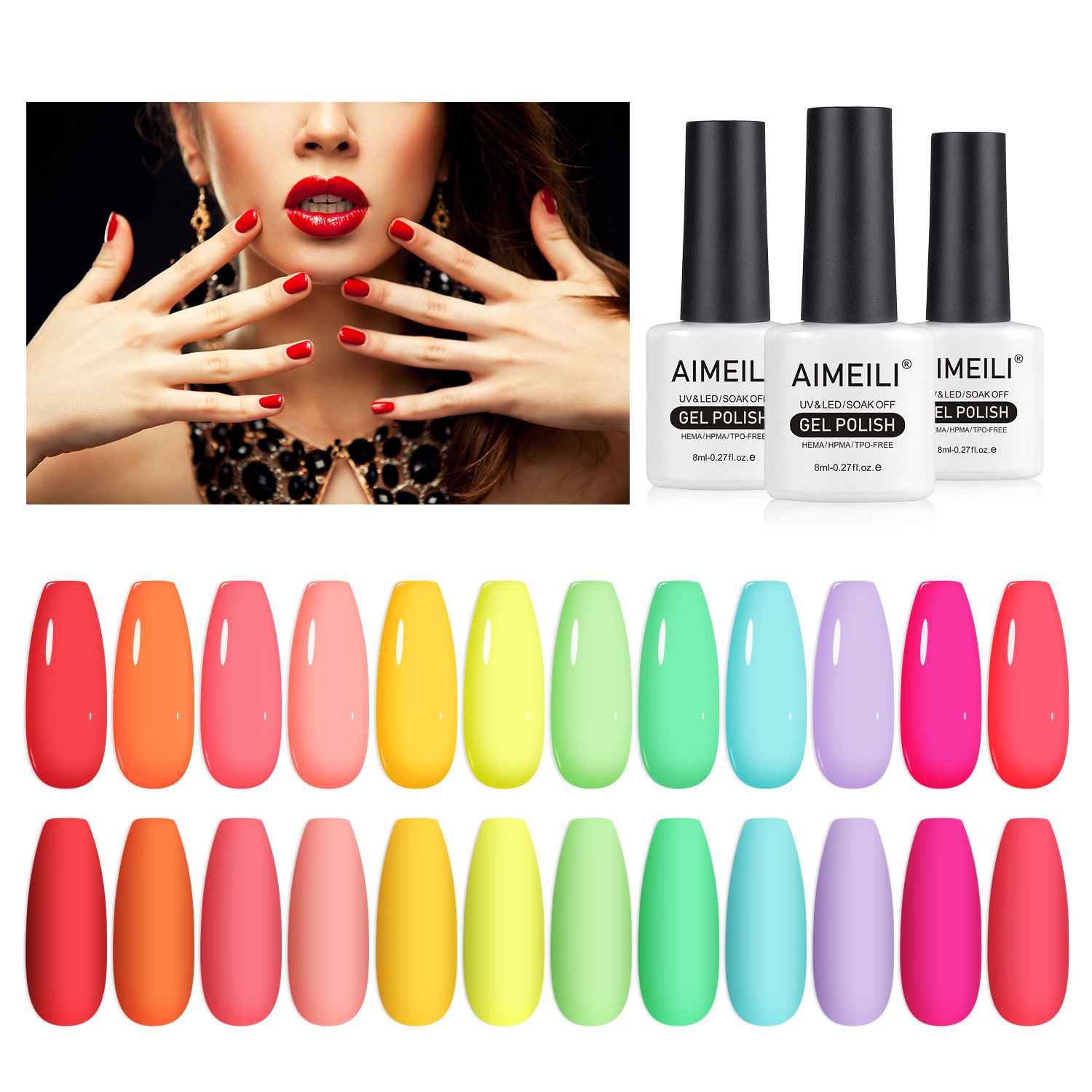 AIMEILI Gel Nail Polish Set – 12 Colours, 8ml | Bright Neon DIY Nail Art | Set12-26_8ml