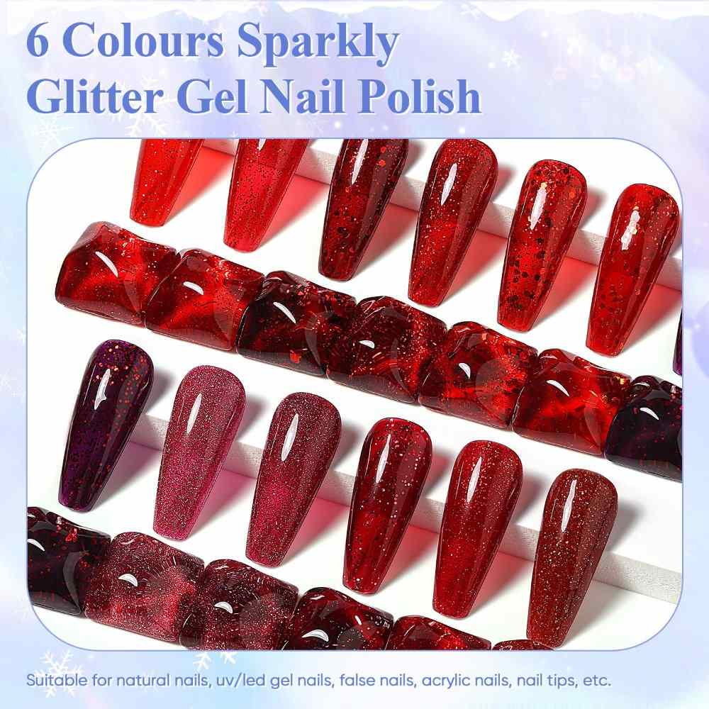 6 colours sparkly red glitter gel polish