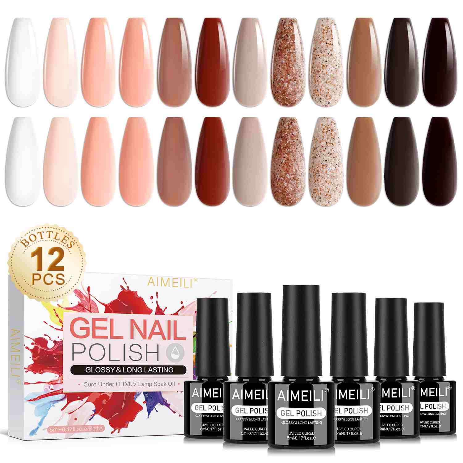 AIMEILI Boho Gel Polish Set 40 – 12 Earthy &amp; Glitter Shades, Vegan &amp; Cruelty-Free