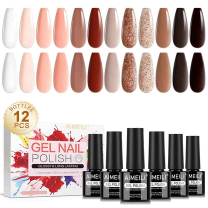 AIMEILI Boho Gel Polish Set 40 – 12 Earthy &amp; Glitter Shades, Vegan &amp; Cruelty-Free