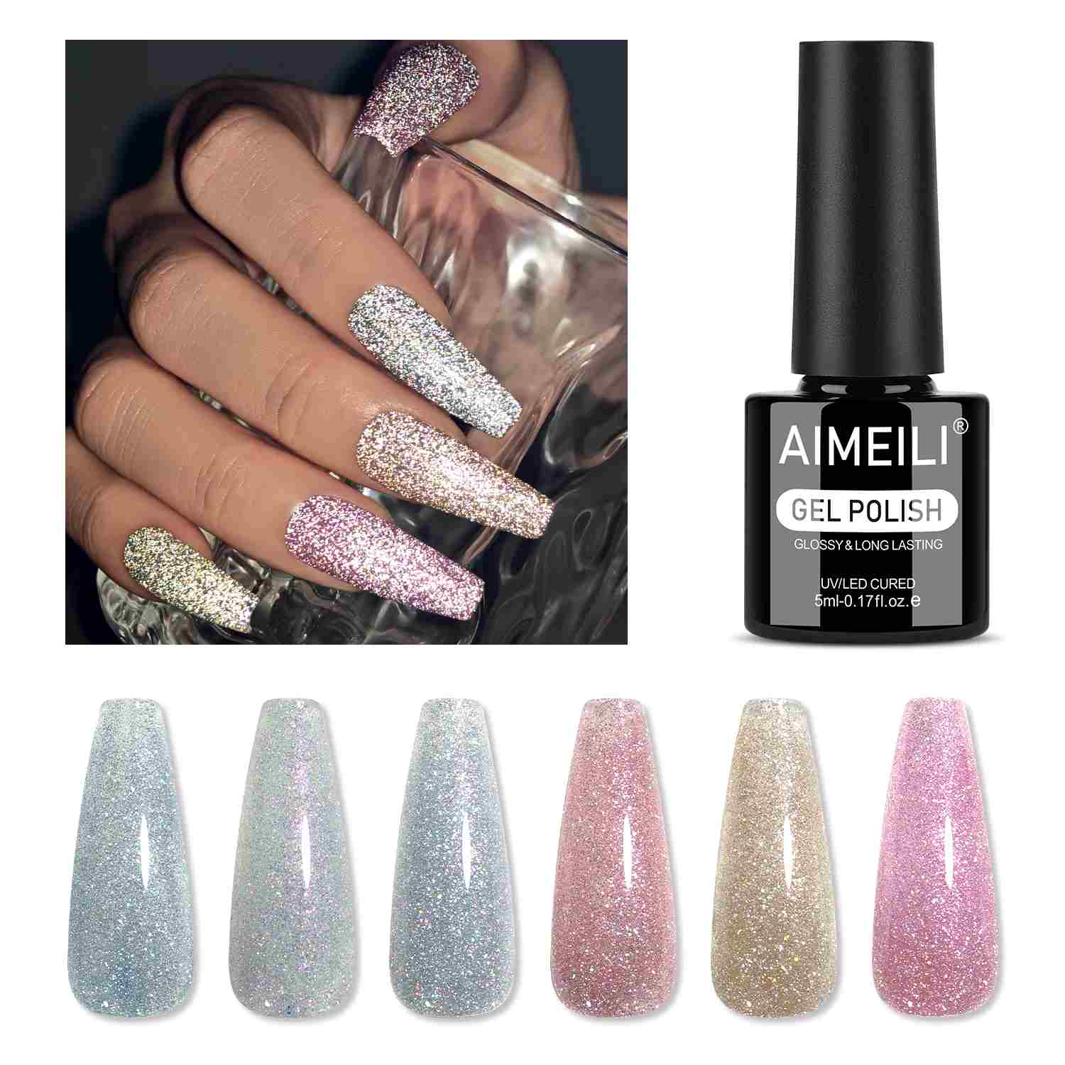 AIMEILI Reflective Glitter Gel Set 108 – 6 Colors, Vegan &amp; Cruelty-Free