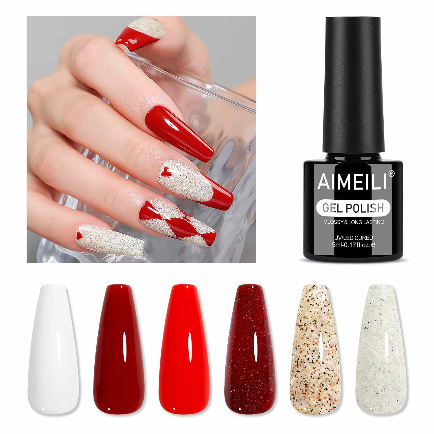 AIMEILI Gel Nail Polish Set 113 – 6 Colors, Red, White &amp; Glitter, Vegan &amp; Cruelty-Free