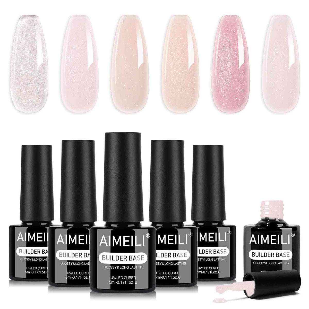 AIMEILI Glitter Builder Gel for Nails – 6 Pink &amp; Nude Shades, 5ml