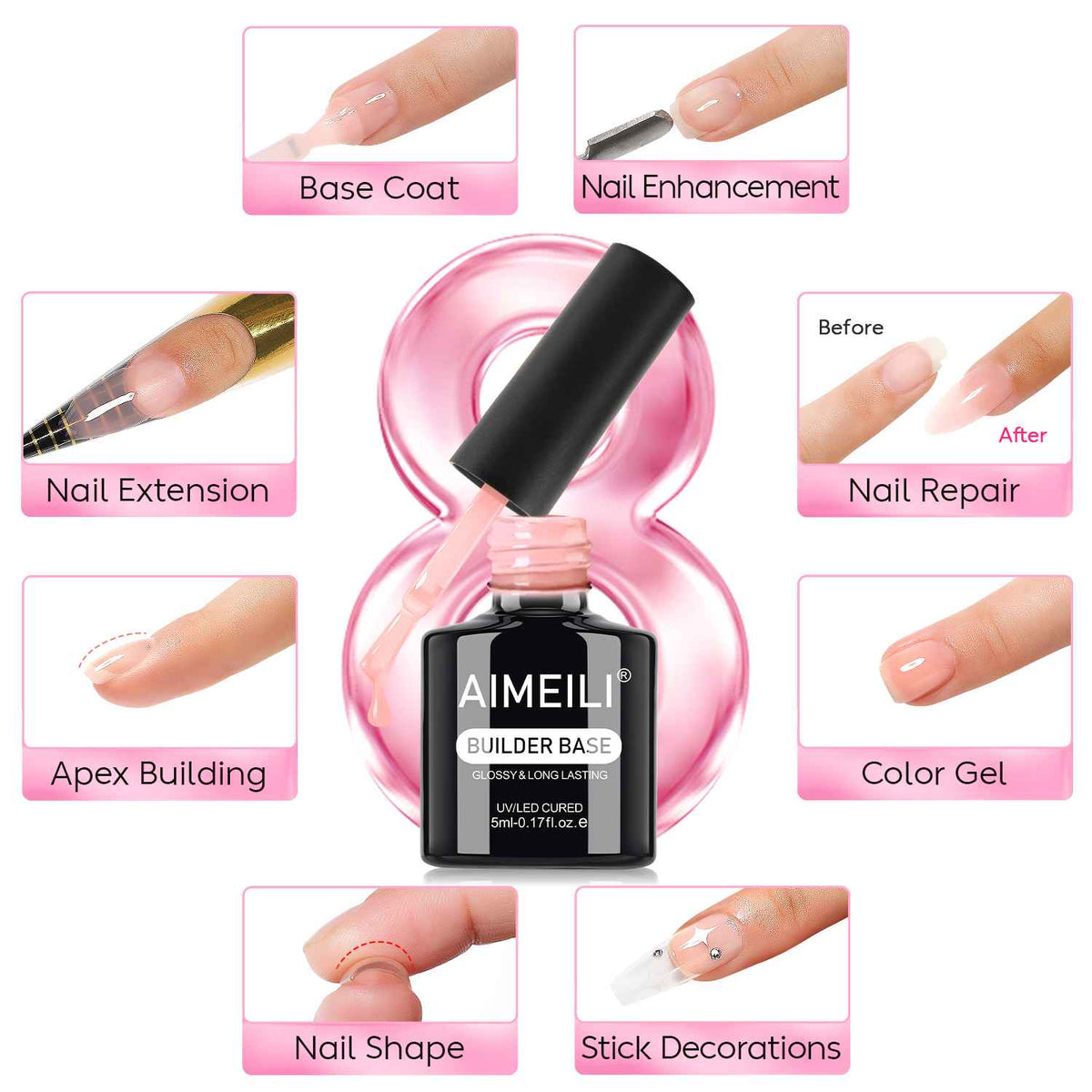 AIMEILI Glitter Builder Gel for Nails – 6 Pink &amp; Bronze Shades, 5ml