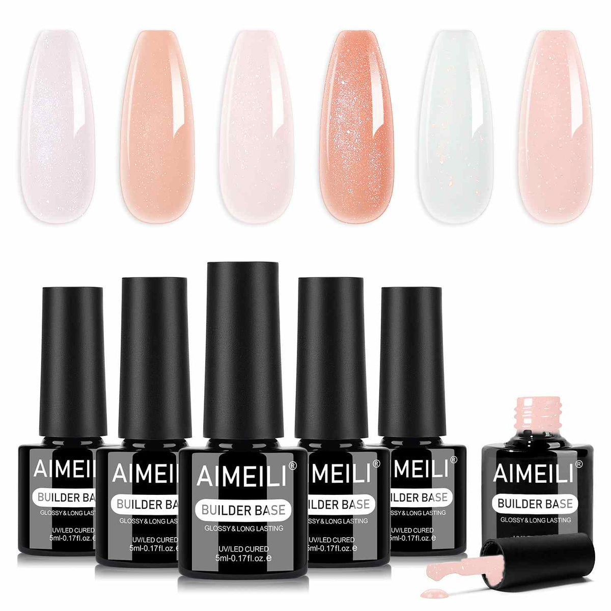 AIMEILI Glitter Builder Gel for Nails – 6 Pink &amp; Peach Shades, 5ml