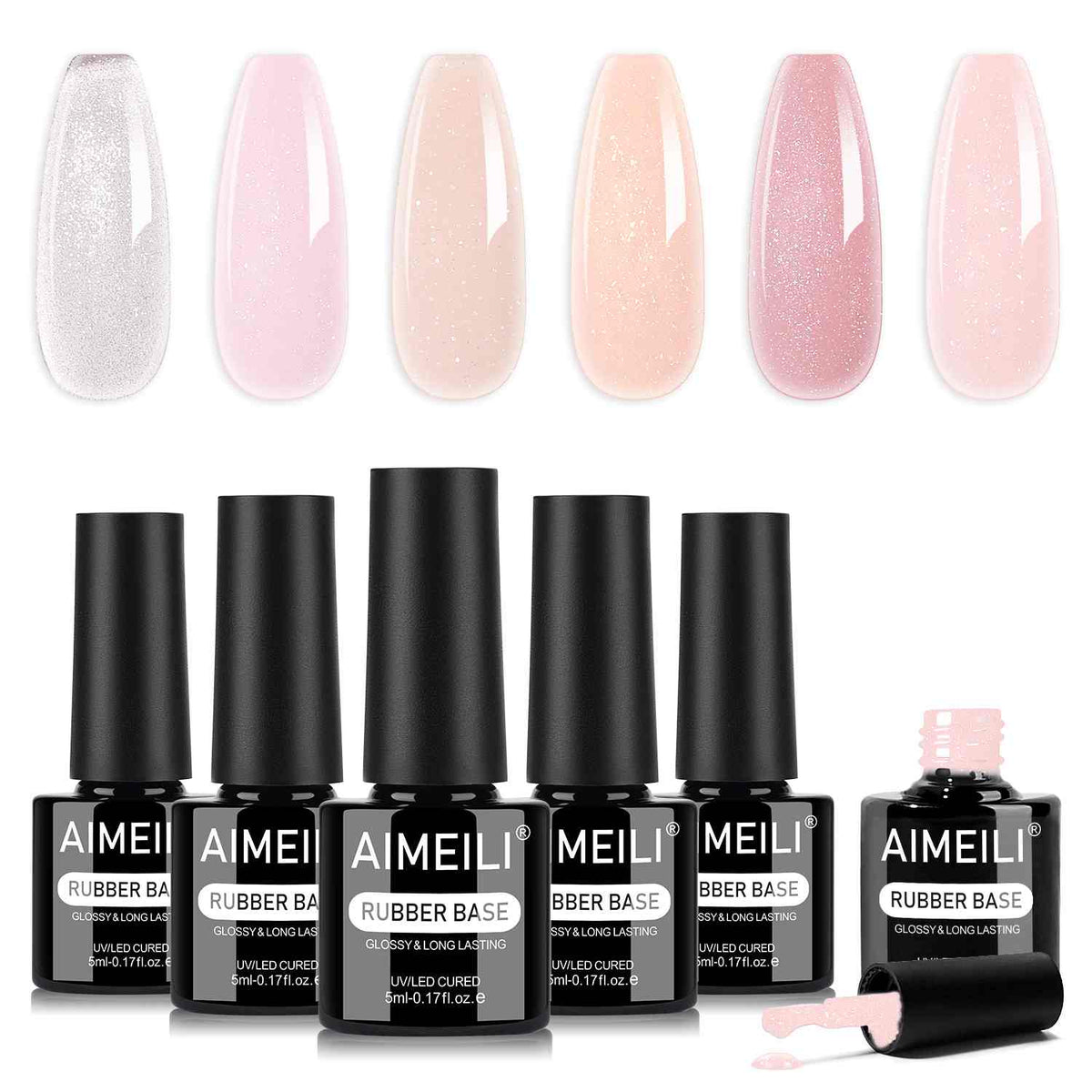 AIMEILI Glitter Rubber Base Gel – 6 Pink &amp; Nude Shades, 5ml Each