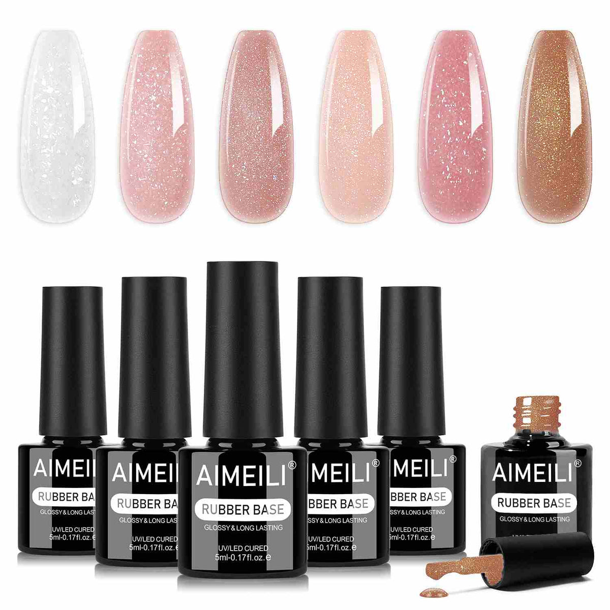AIMEILI Glitter Rubber Base Gel 135– 6 Pink &amp; Bronze Shades, 5ml Each