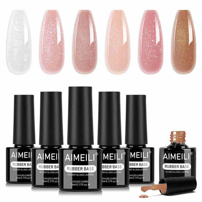 AIMEILI Glitter Rubber Base Gel 135– 6 Pink &amp; Bronze Shades, 5ml Each