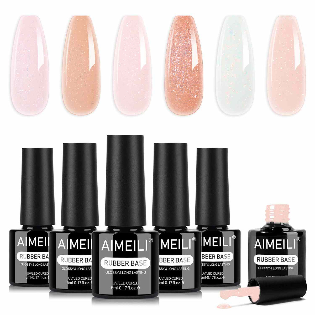 AIMEILI Glitter Rubber Base Gel – 6 Pink &amp; Peach Shades, 5ml Each