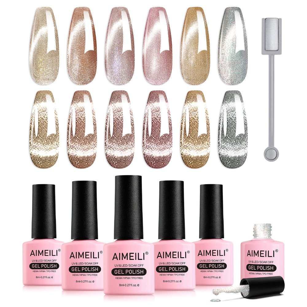 AIMEILI Cat Eye Gel Nail Polish –6 Colors, 10ml | Pearly Nude Magnetic | SET6-49