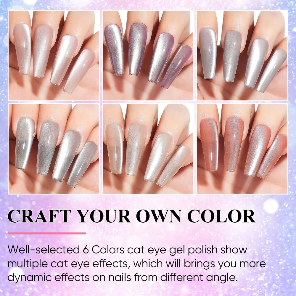 AIMEILI Cat Eye Gel Nail Polish-6 Colors, 8ml |Light Nude Pastel Magnetic | SET6-62_8ml