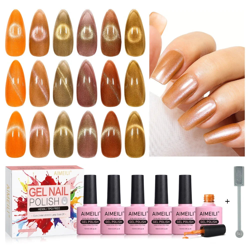 AIMEILI Cat Eye Gel Nail Polish –6 Colors, 10ml | Warm caramel &amp; amber Colors | SET6-67