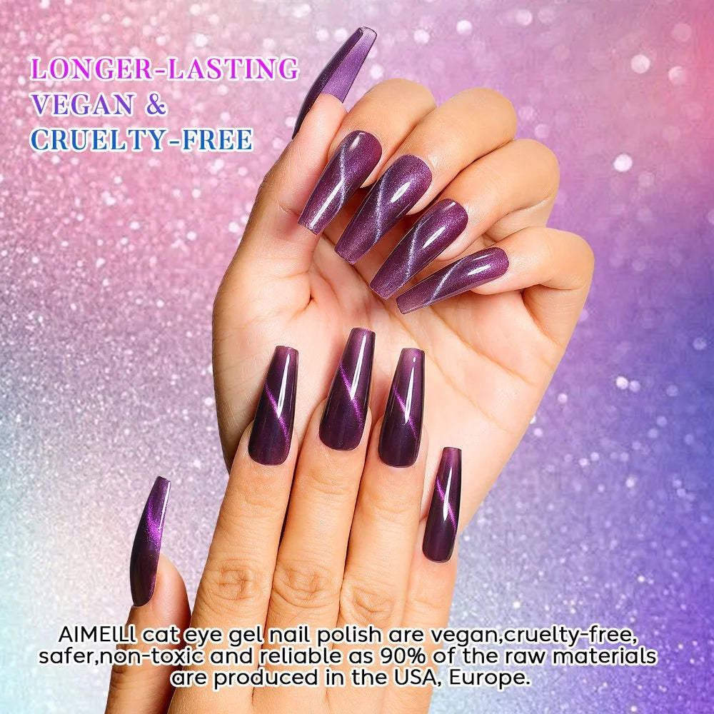 AIMEILI Cat Eye Gel Nail Polish –6 Colors, 10ml| Purple Plum Magnetic | SET6-70