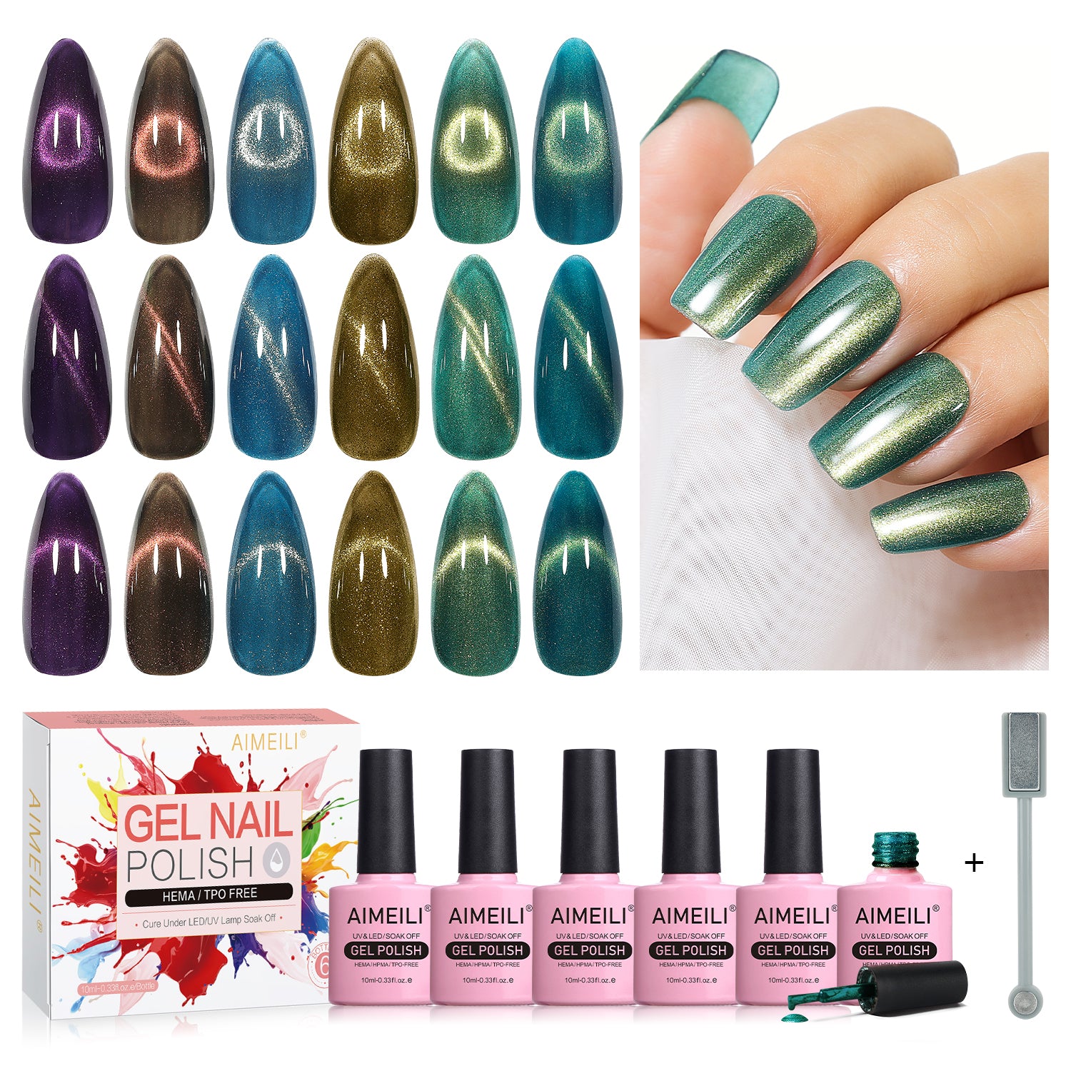 Multi Green Dark Color Cat Eye Nail Kit | Set Of 6pcs X 10ml